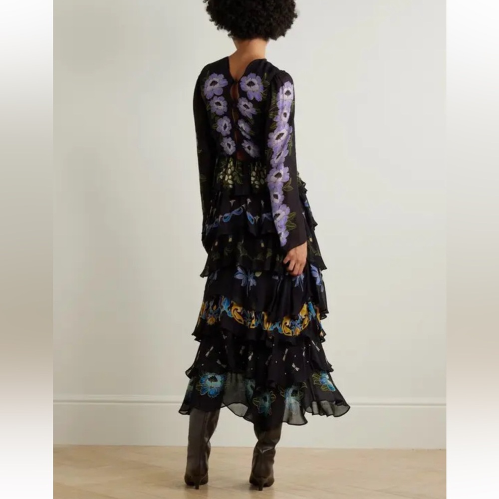 NWT Farm Rio Ruffled Tiered Printed Georgette Midi Dress Black and Purple - Picture 2 of 10
